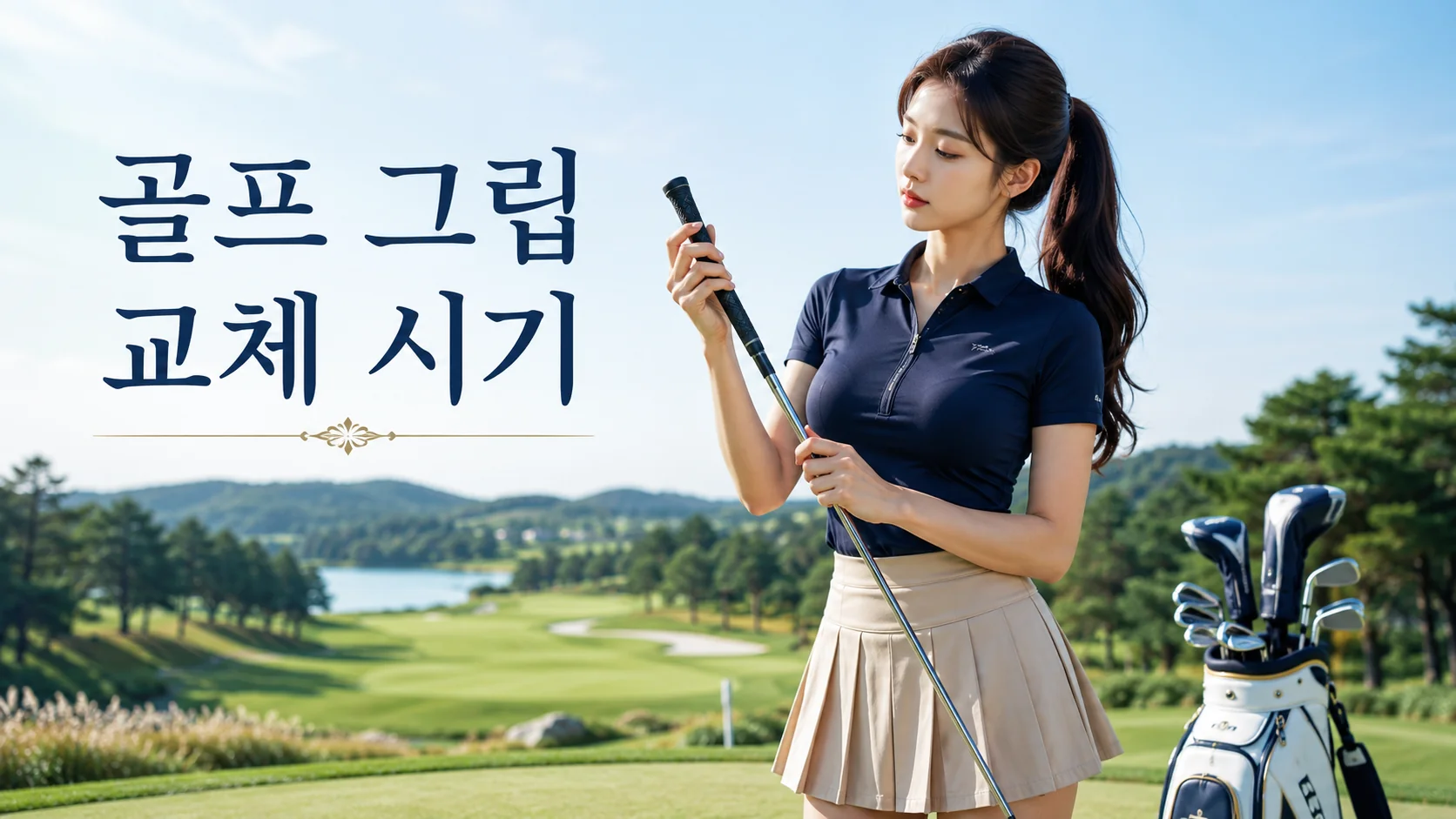 골프 그립 교체 시기를 확인하며 클럽 그립 상태를 점검하는 여성 골퍼