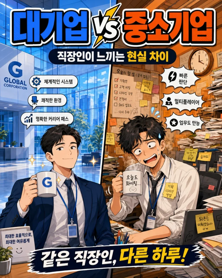 대기업과 중소기업 직장생활 현실 차이를 유머 만화 스타일로 비교한 이미
