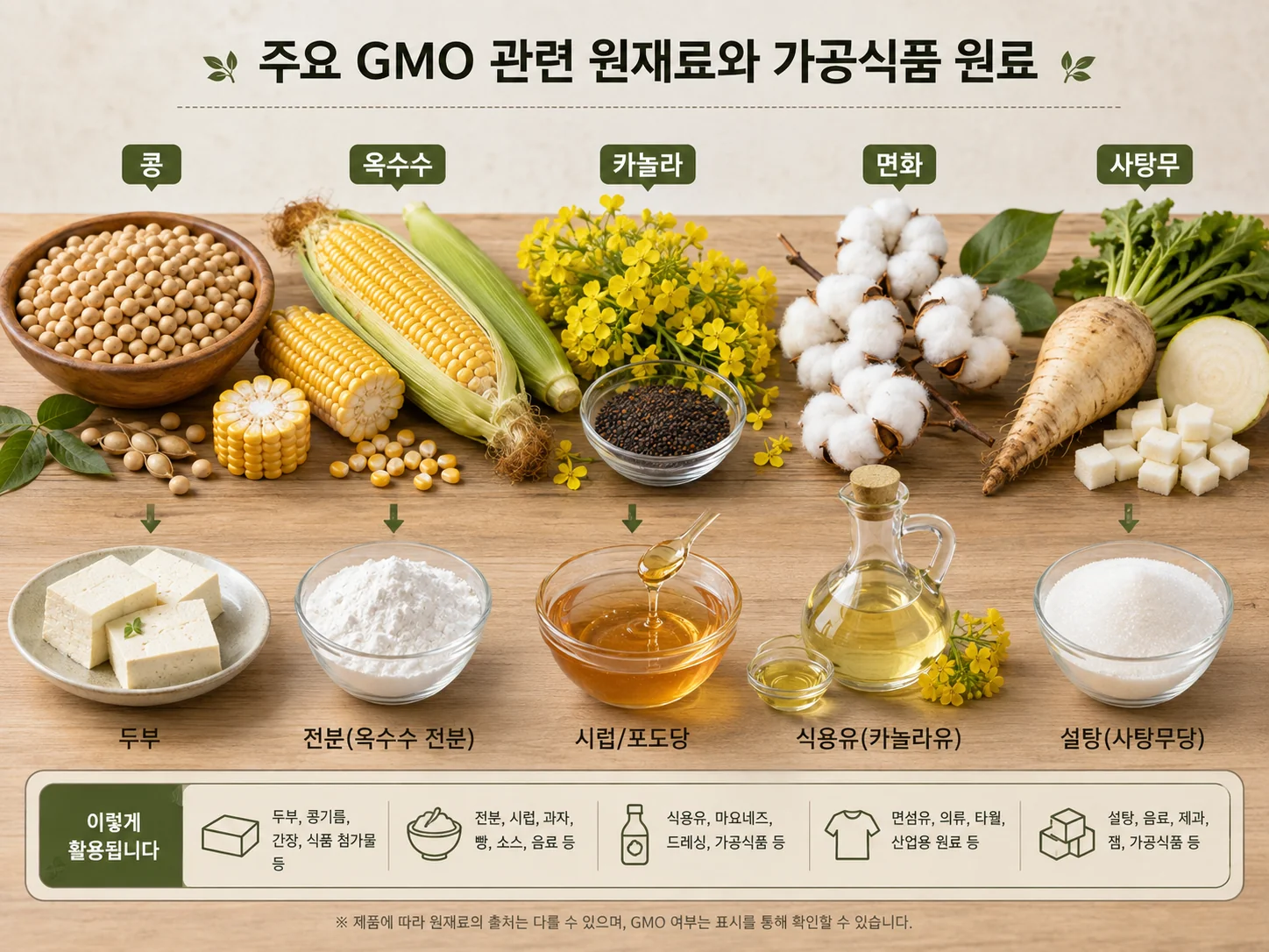 콩 옥수수 카놀라 면화 사탕무 등 대표 GMO 원료와 가공식품 활용 사례