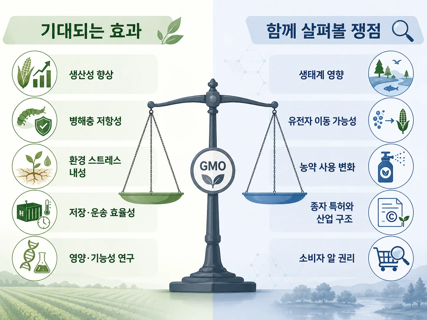 GMO의 생산성 병충해 대응 등 기대 효과와 생태계 소비자 선택권 등 주요 쟁점