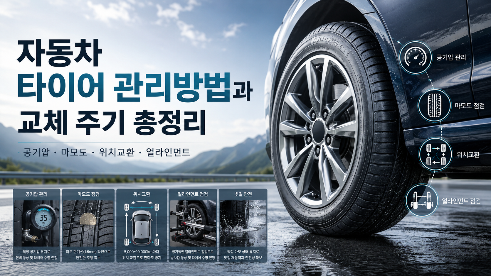 자동차 타이어 공기압 마모도 위치교환 얼라인먼트와 교체 시점을 정리한 대표 이미지