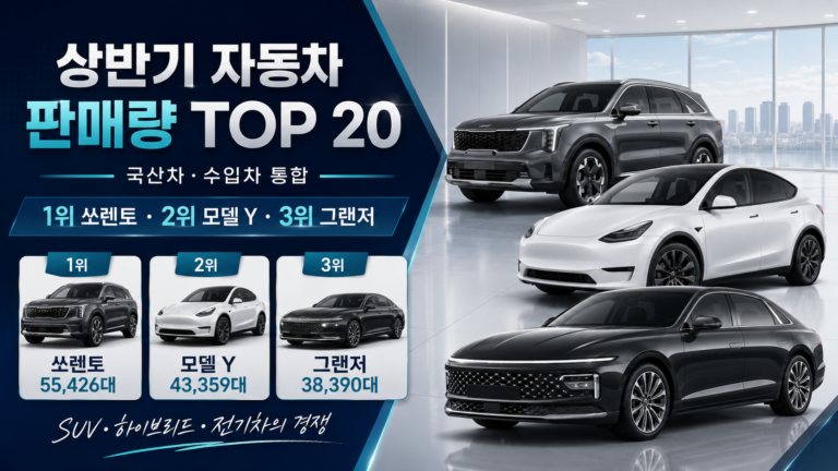 상반기 자동차 판매량 TOP 20과 국산차·수입차 통합 순위 1위 쏘렌토, 2위 모델 Y, 3위 그랜저를 정리한 대표 이미지
