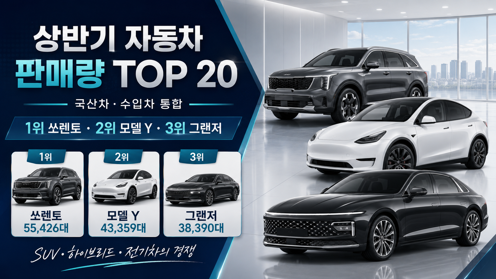 상반기 자동차 판매량 TOP 20과 국산차·수입차 통합 순위 1위 쏘렌토, 2위 모델 Y, 3위 그랜저를 정리한 대표 이미지