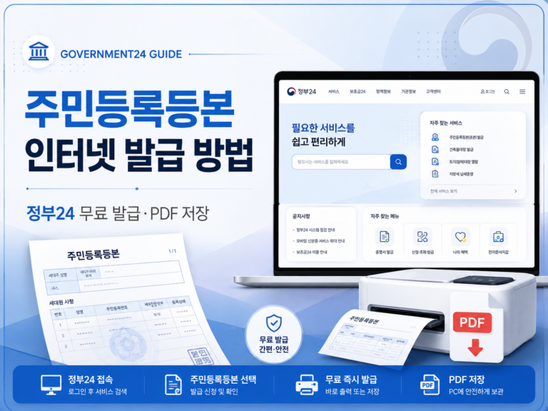 정부24 주민등록등본 인터넷 무료 발급 방법과 PDF 저장 안내