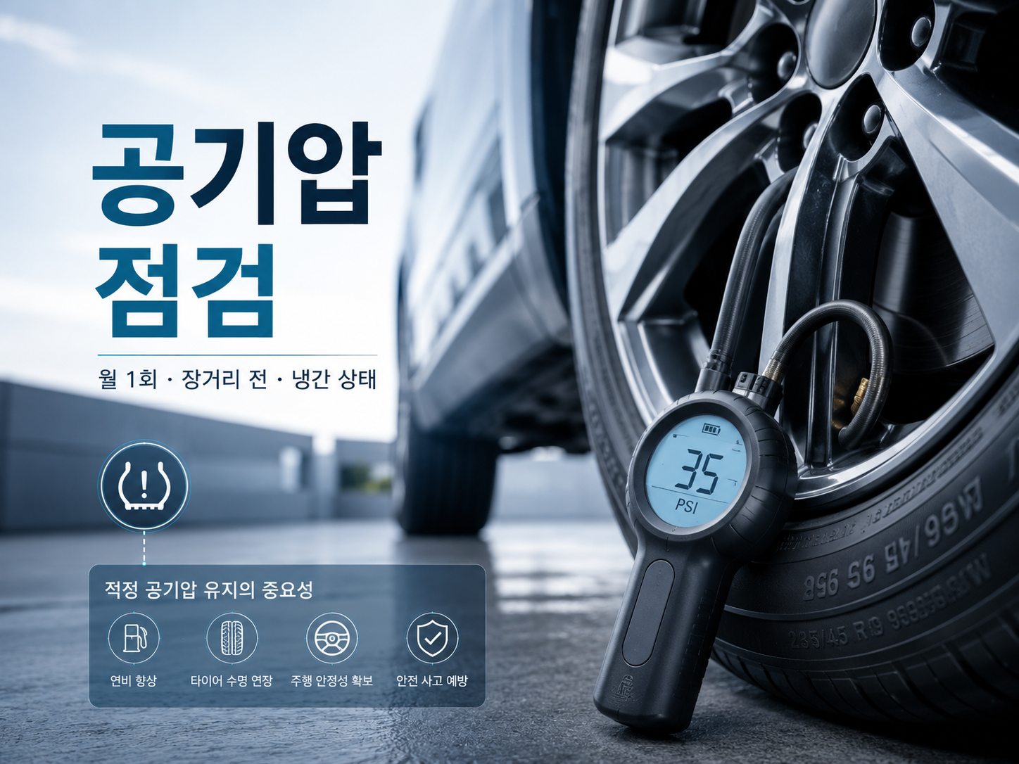 자동차 타이어를 냉간 상태에서 공기압 게이지로 점검하는 방법