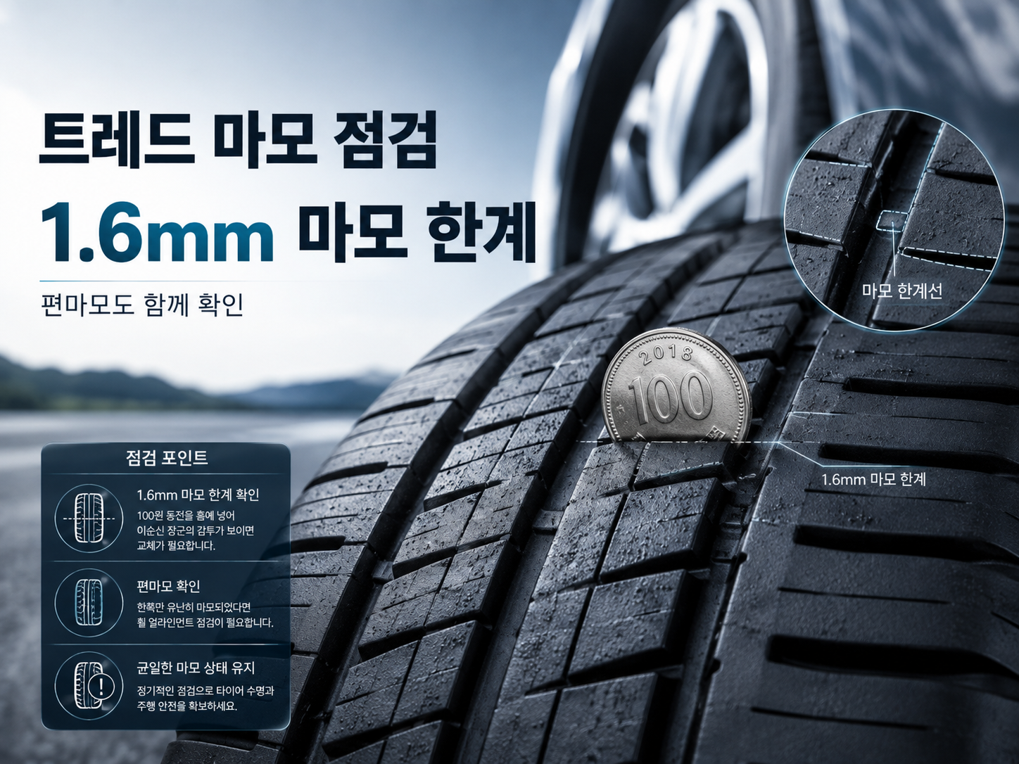 자동차 타이어 트레드 깊이와 1.6mm 마모 한계선을 확인하는 이미지