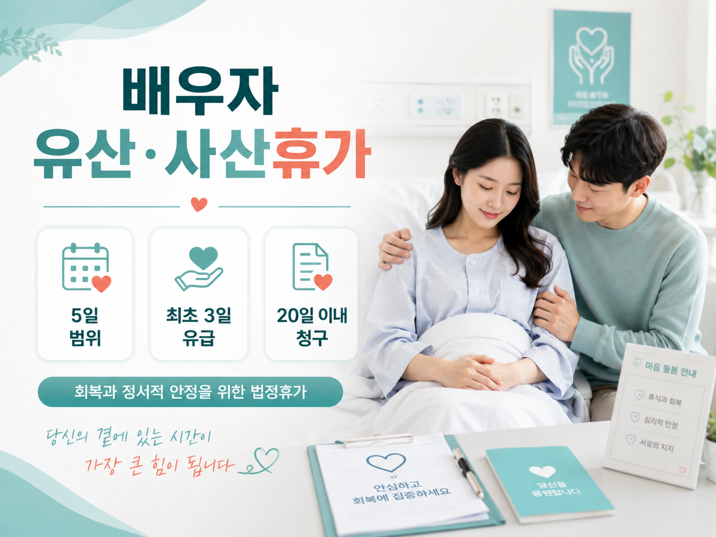 배우자 유산·사산휴가 5일 범위와 최초 3일 유급, 발생일부터 20일 이내 청구 조건을 설명하는 이미지
