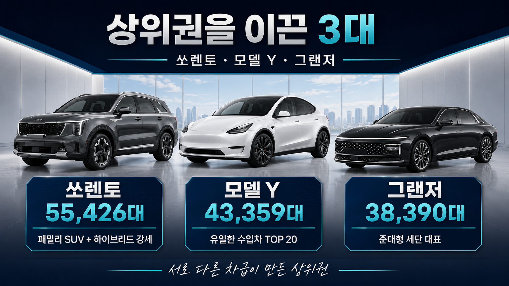 쏘렌토 55,426대, 모델 Y 43,359대, 그랜저 38,390대 등 상반기 자동차 판매 상위 3개 차종을 비교한 이미지