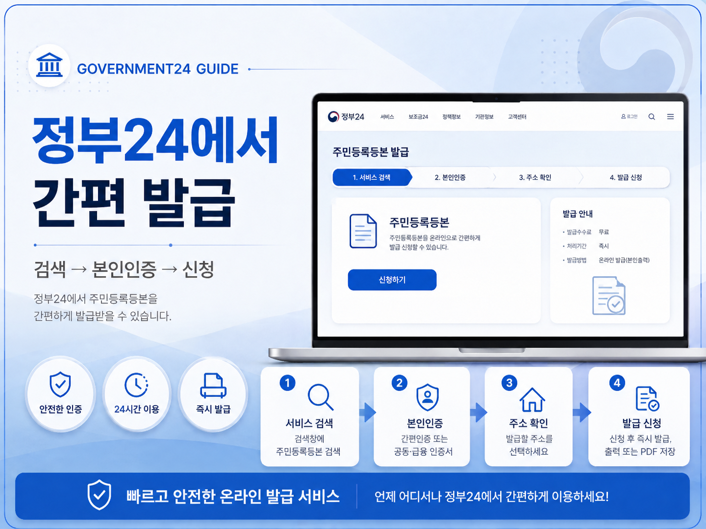 정부24에서 주민등록등본을 검색하고 본인인증 후 발급 신청하는 방법