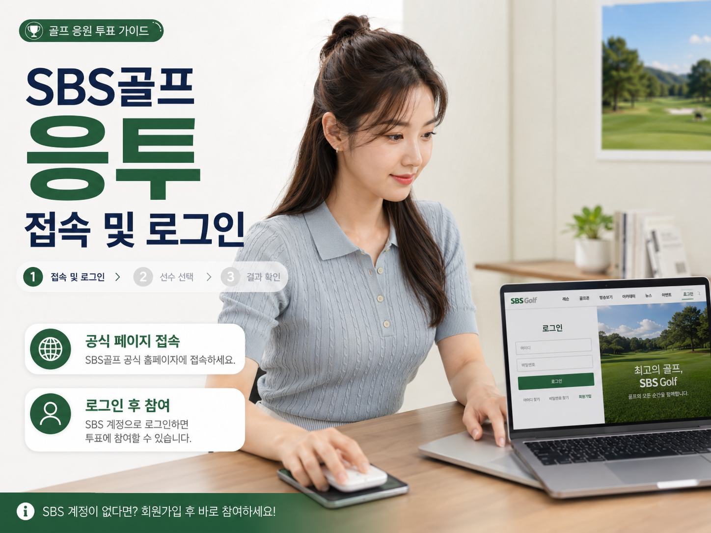 SBS골프 공식 홈페이지에 접속해 SBS 계정으로 로그인하고 응투에 참여하는 방법