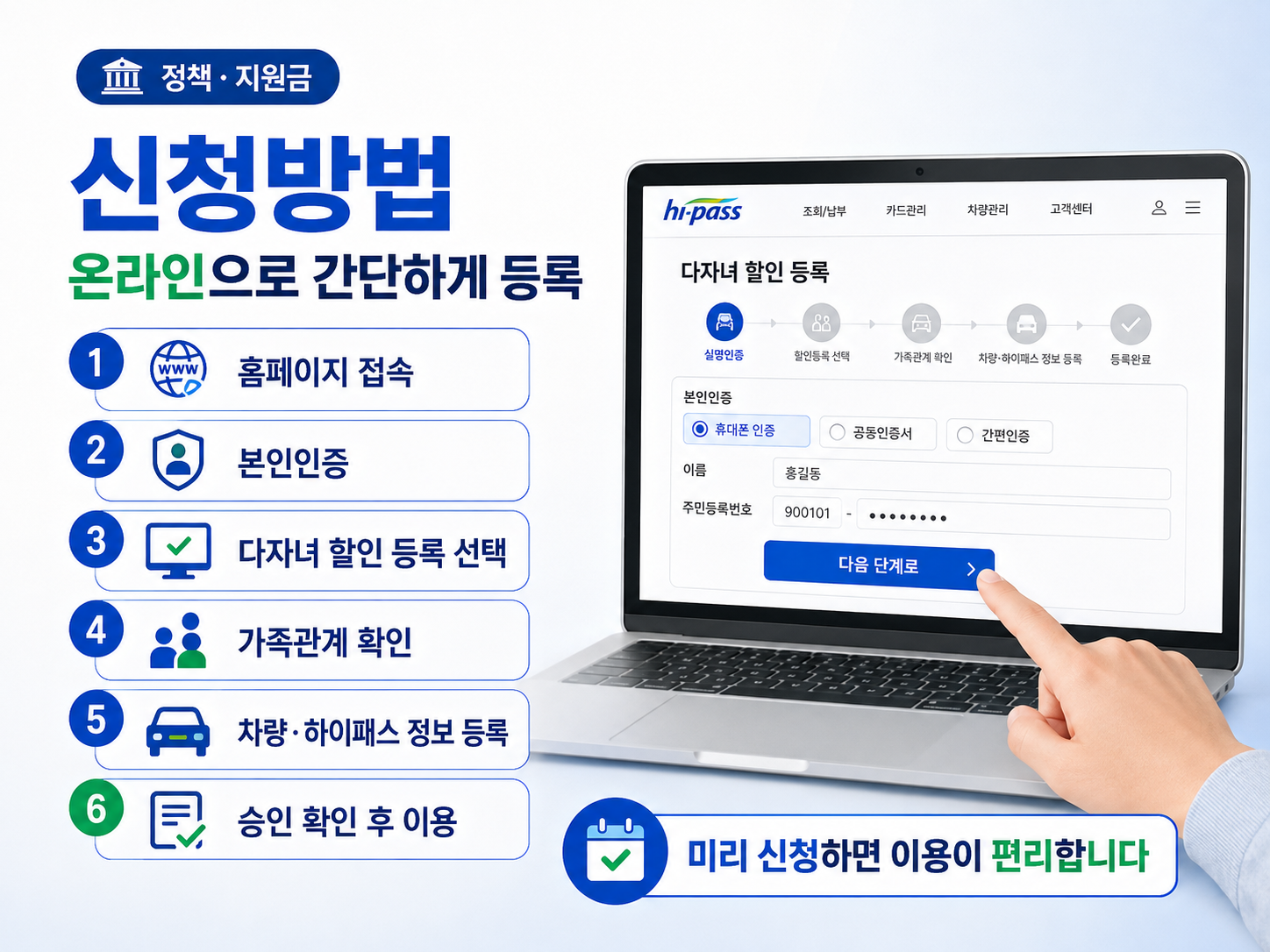 다자녀 고속도로 통행료 할인 온라인 신청과 본인인증 가족관계 차량 하이패스 등록 절차