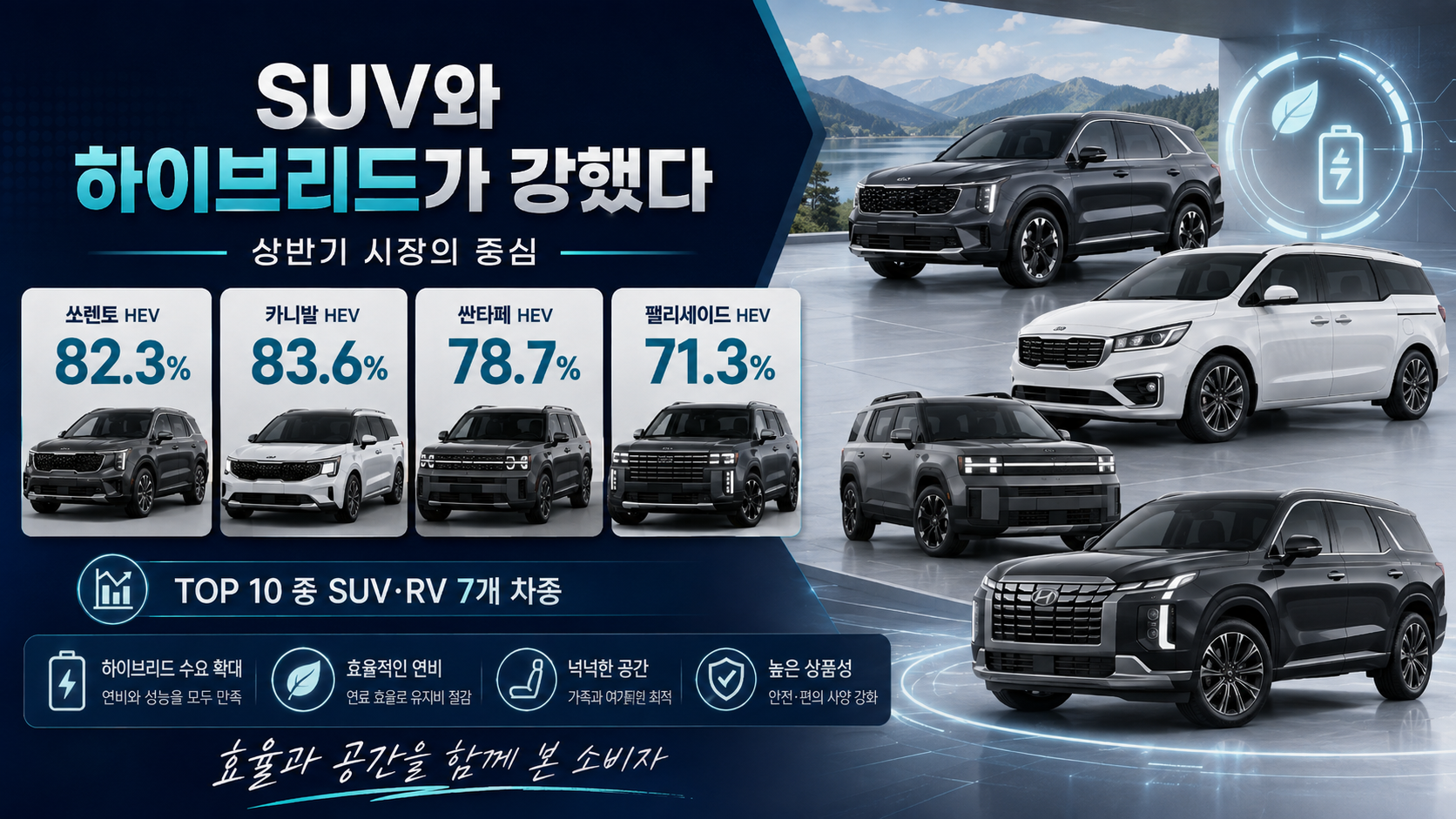 쏘렌토, 카니발, 싼타페, 팰리세이드의 하이브리드 판매 비중과 SUV·RV 판매 강세를 정리한 이미지