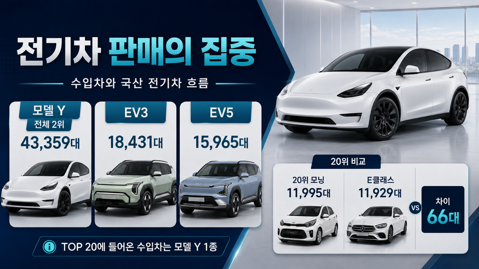 테슬라 모델 Y 43,359대, EV3 18,431대, EV5 15,965대와 모닝·E클래스 판매량 차이를 비교한 이미지