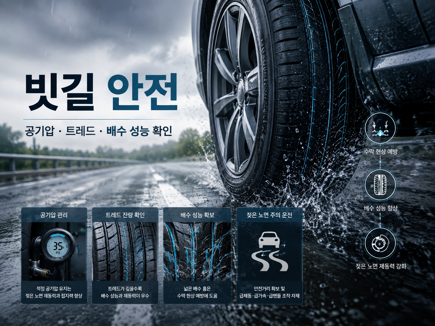 비 오는 날 타이어 공기압 트레드와 배수 성능을 확인하는 빗길 안전 이미지