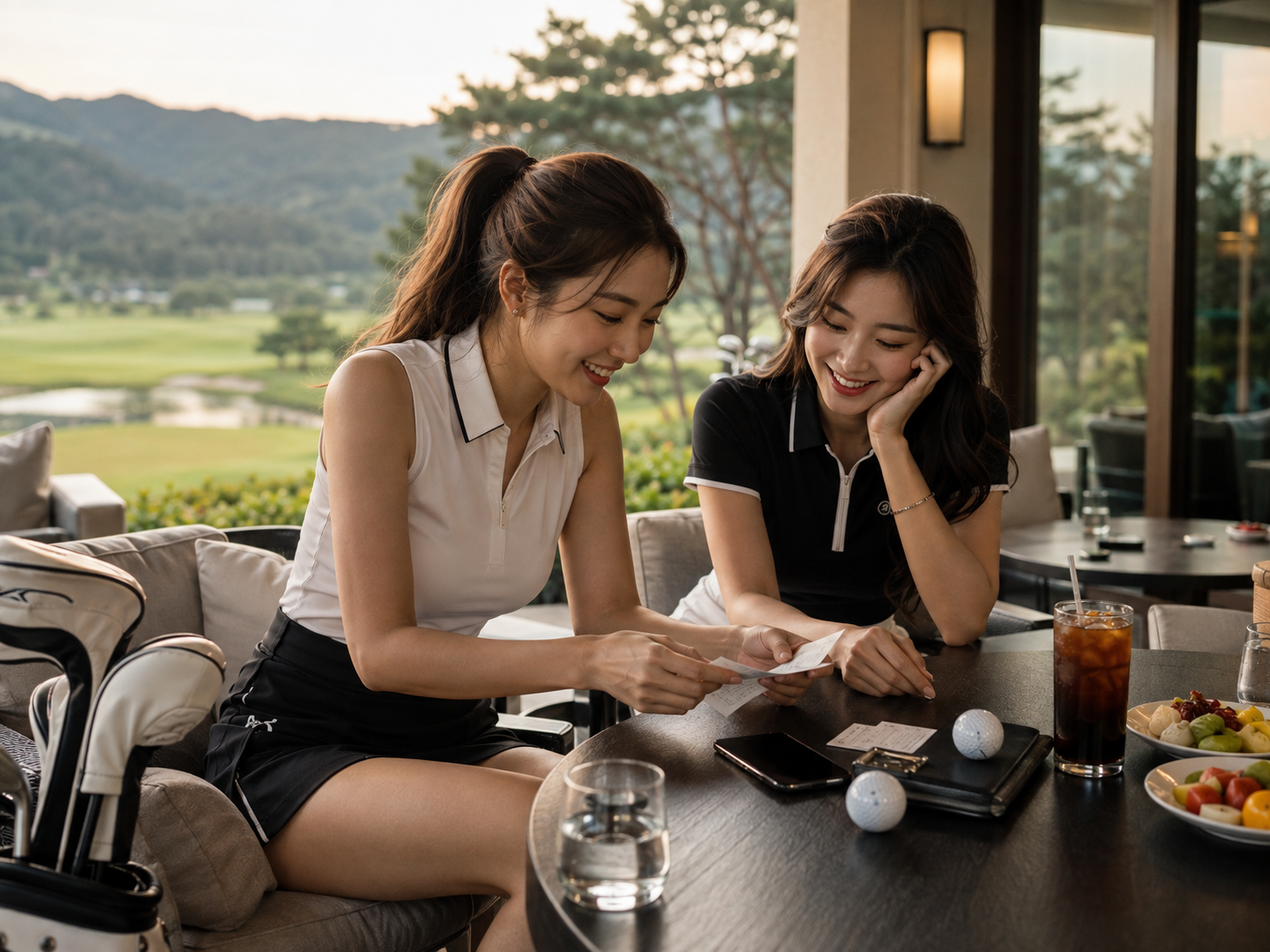 골프 라운딩 후 클럽하우스에서 비용과 영수증을 확인하며 첫 필드를 마무리하는 모습