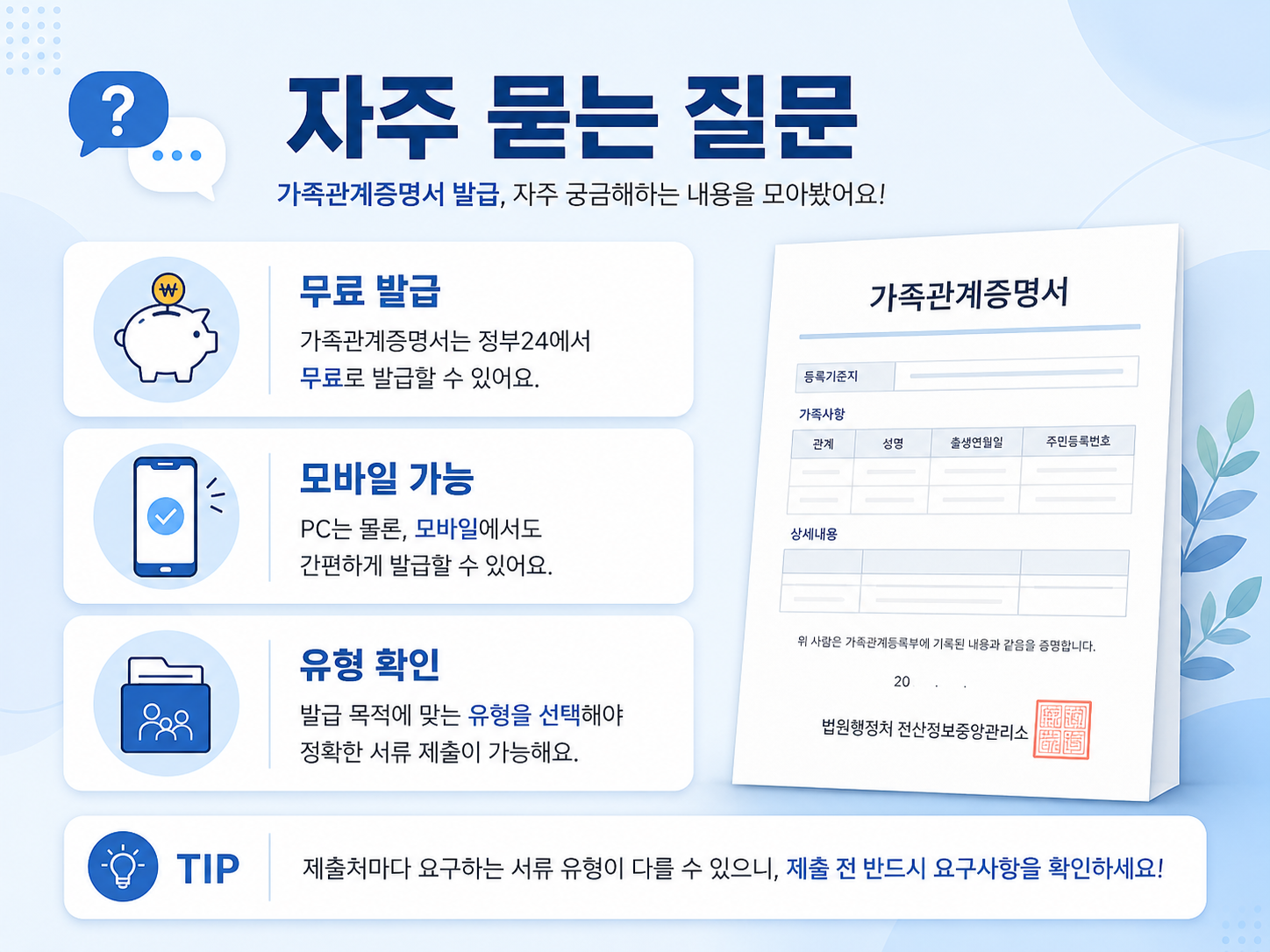 가족관계증명서 인터넷 발급 무료 여부와 모바일 발급 자주 묻는 질문