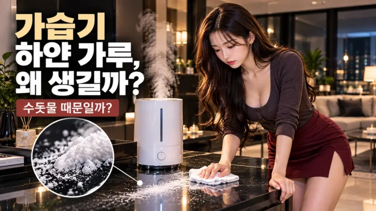 가습기 주변 하얀 가루 원인과 수돗물 사용 여부를 설명하는 이미지