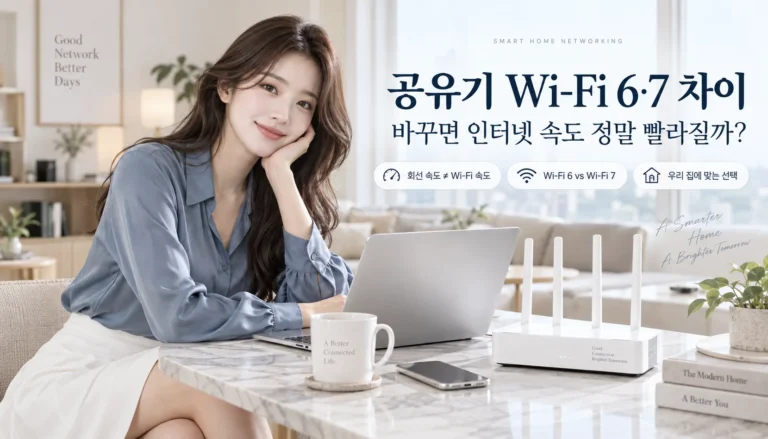 Wi-Fi 6와 Wi-Fi 7 공유기 차이와 인터넷 속도 체감 여부를 설명하는 홈 네트워크 이미지