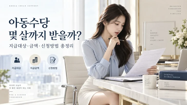 아동수당 지급대상과 금액, 신청방법을 확인하는 여성과 정책 안내 인포그래픽