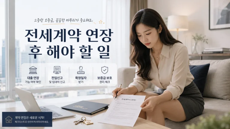 전세계약 연장 후 전세대출·임대차 신고·확정일자·전세보증금반환보증까지 해야 할 일을 정리한 이미지