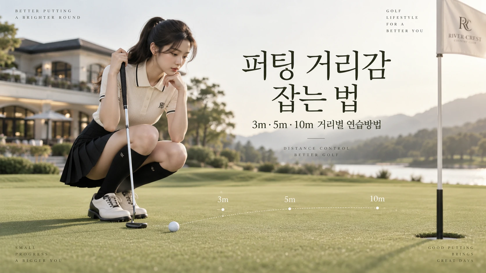 퍼팅 거리감 잡는 법을 설명하는 고급 골프 에디토리얼 대표이미지, 연습그린에서 퍼팅 라인을 읽는 한국 여성 골퍼와 3m 5m 10m 거리별 연습방법 안내