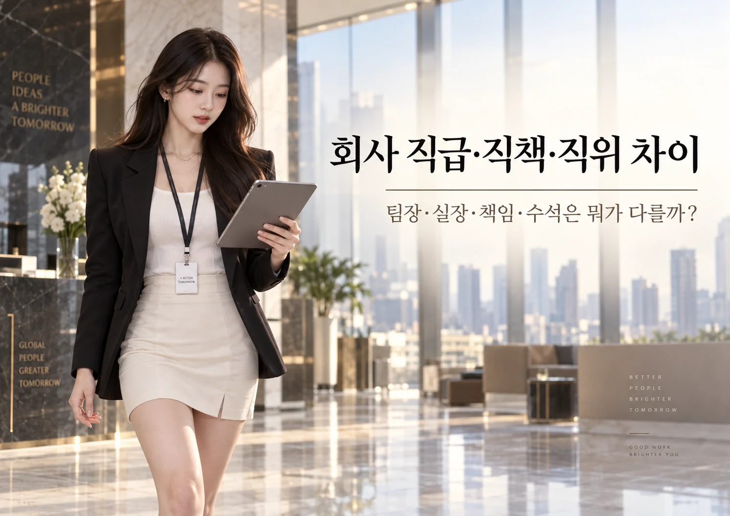 회사 직급·직책·직위 차이를 설명하는 현대적인 오피스 직장인 이미지