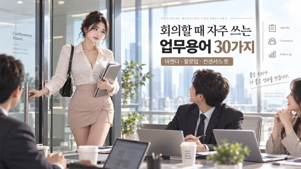 회의할 때 자주 쓰는 업무용어 30가지를 소개하는 오피스 회의실 이미지로 아젠다, 팔로업, 컨센서스의 뜻을 설명하는 직장인 모습