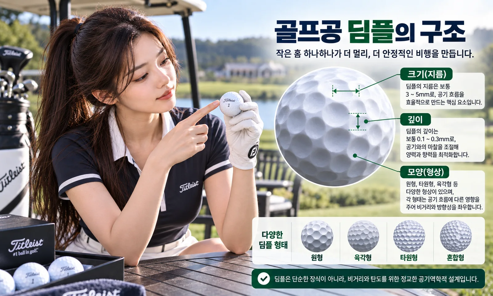 골프공 딤플의 크기 깊이 모양 배열 구조를 설명하는 인포그래픽