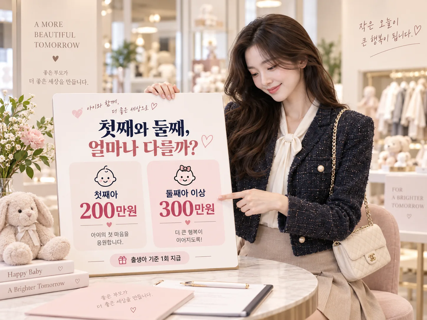 첫만남이용권 첫째아 200만원과 둘째아 이상 300만원 지원금액을 비교하는 안내 이미지
