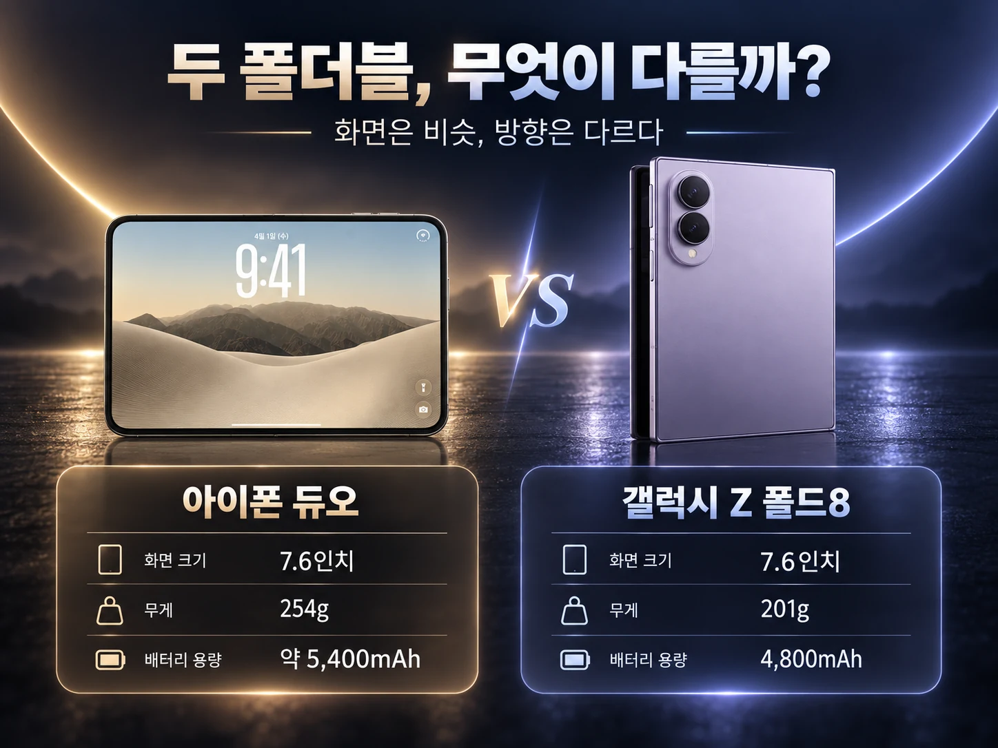 아이폰 듀오와 갤럭시 Z 폴드8 화면 크기 무게 배터리 핵심 사양 비교