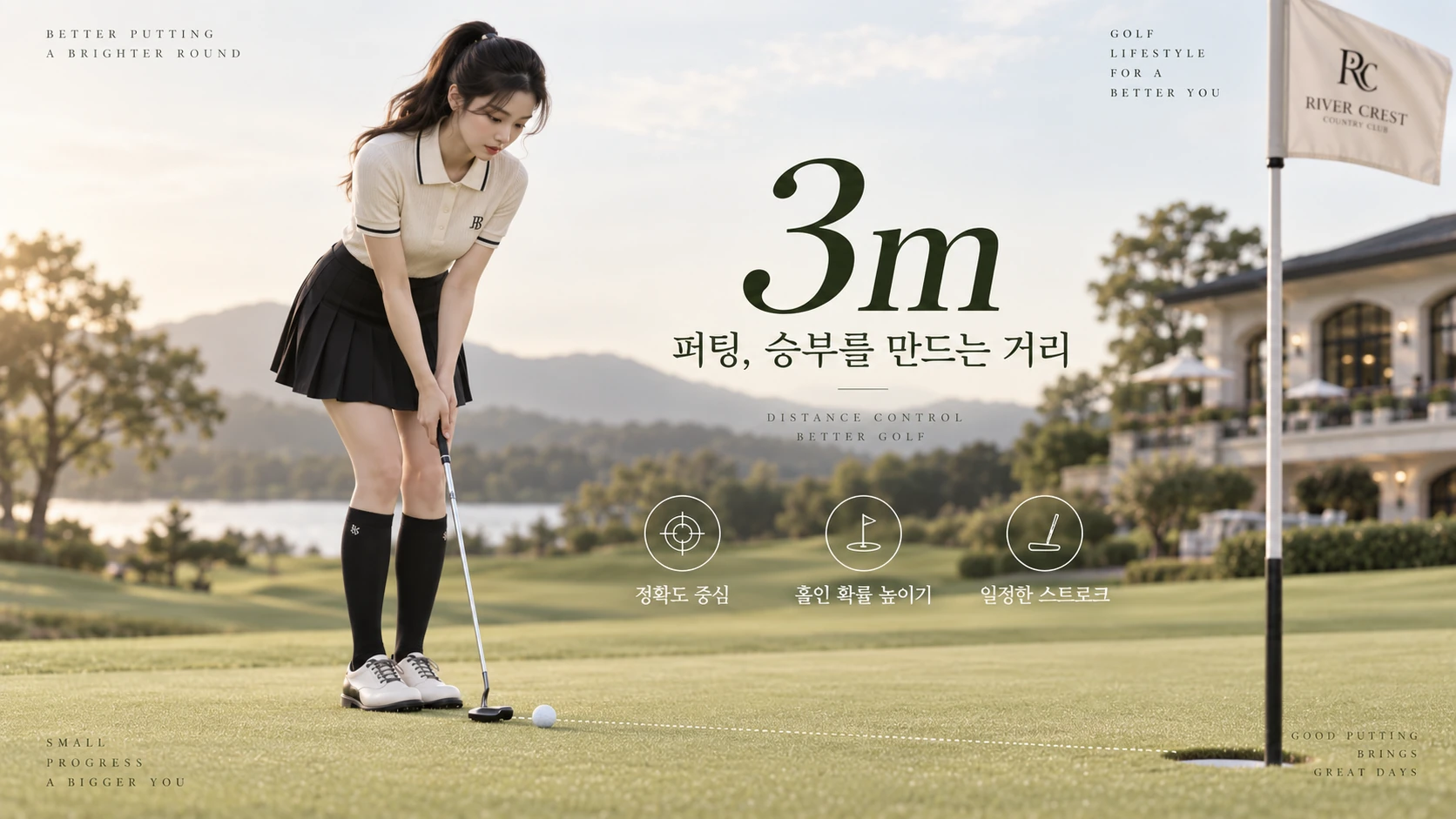 3m 퍼팅 연습에서 정확한 출발 방향과 일정한 스트로크를 연습하는 여성 골퍼