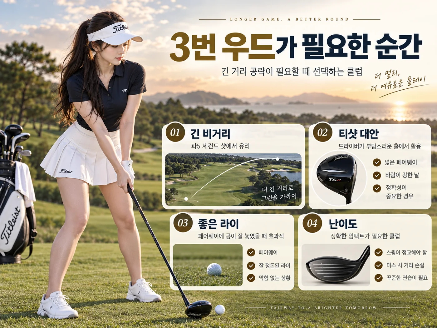 파5 세컨드 샷에서 3번 우드를 사용하는 상황을 설명한 골프 인포그래픽