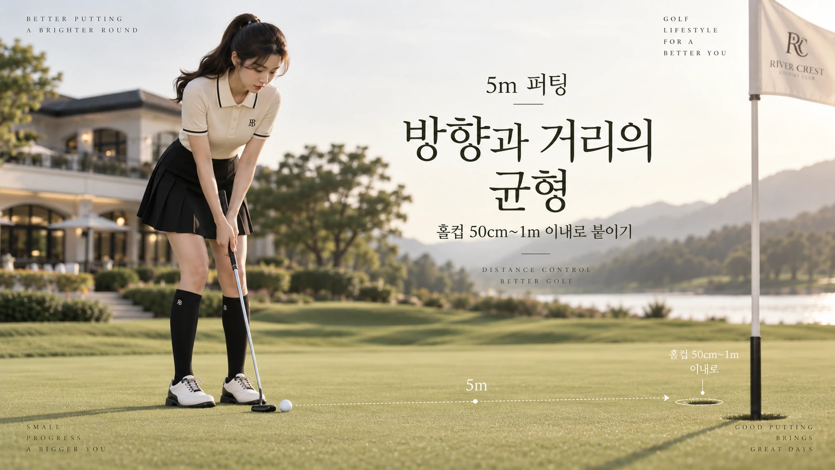 5m 퍼팅에서 방향과 거리의 균형을 맞추며 연습하는 골프 이미지