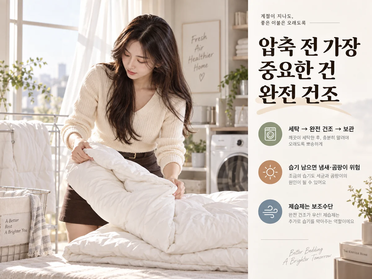겨울 이불을 압축팩에 넣기 전 완전히 건조해야 하는 이유를 설명하는 이미지