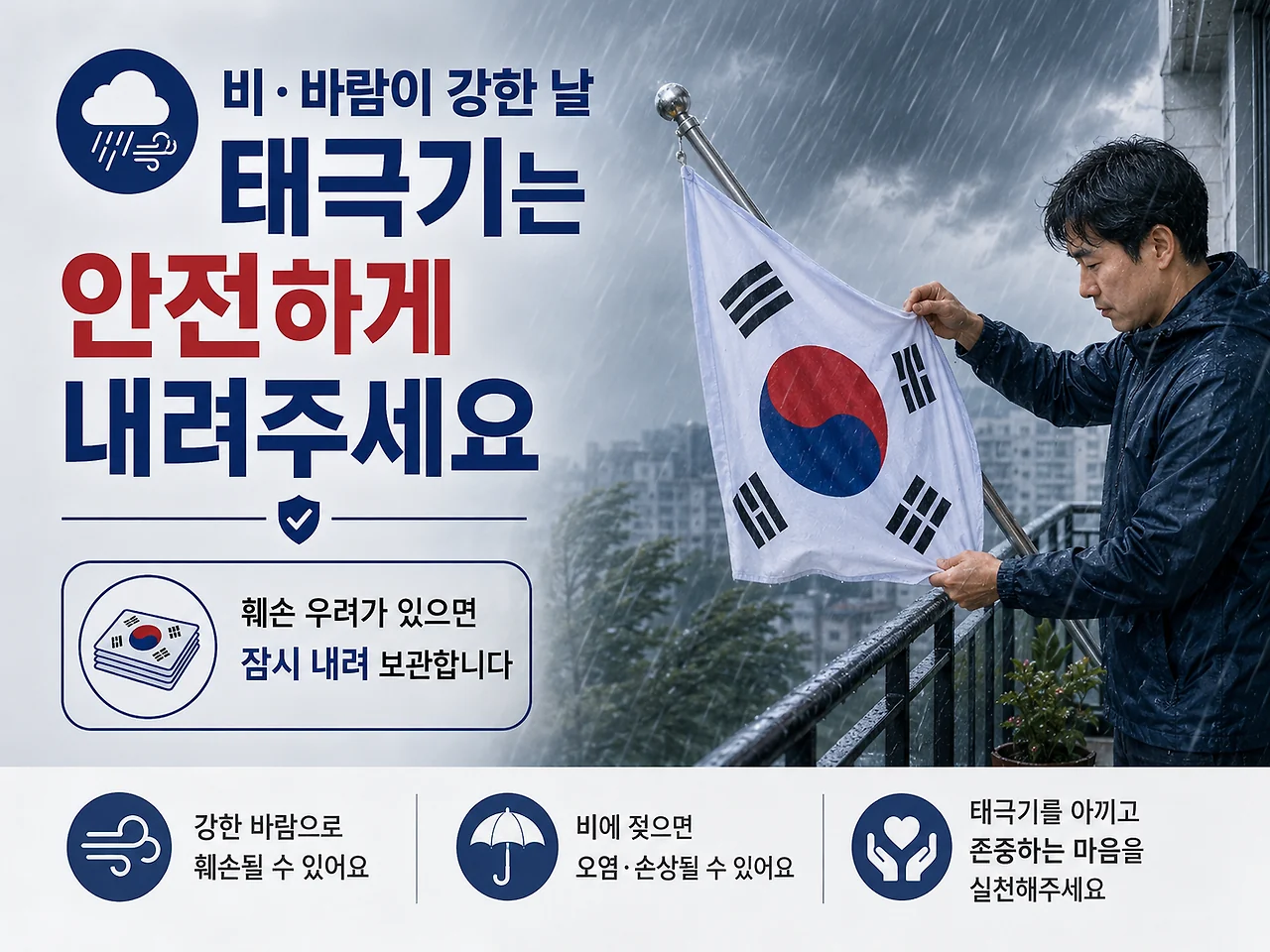 비와 강풍으로 태극기가 훼손될 우려가 있을 때 안전하게 내려 보관하는 방법