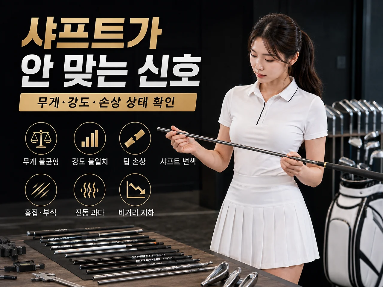 아이언 샤프트의 무게 강도 녹 부식 손상 상태를 점검하는 이미지