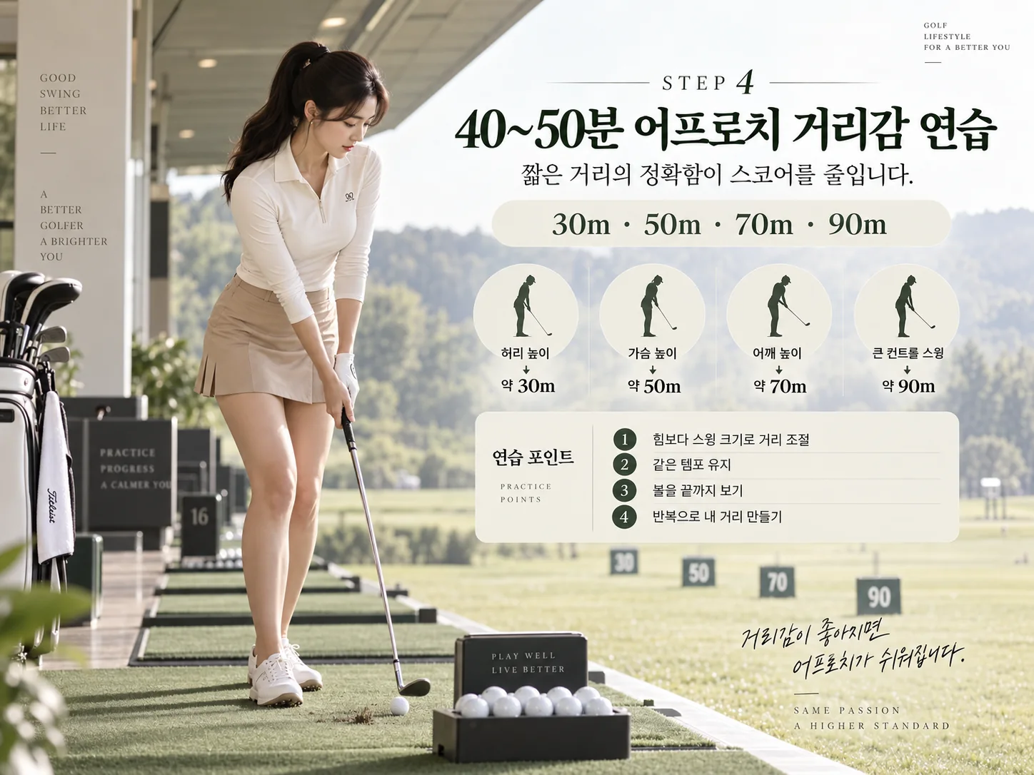 골프 연습장 40~50분 어프로치 30m 50m 70m 90m 거리감 연습