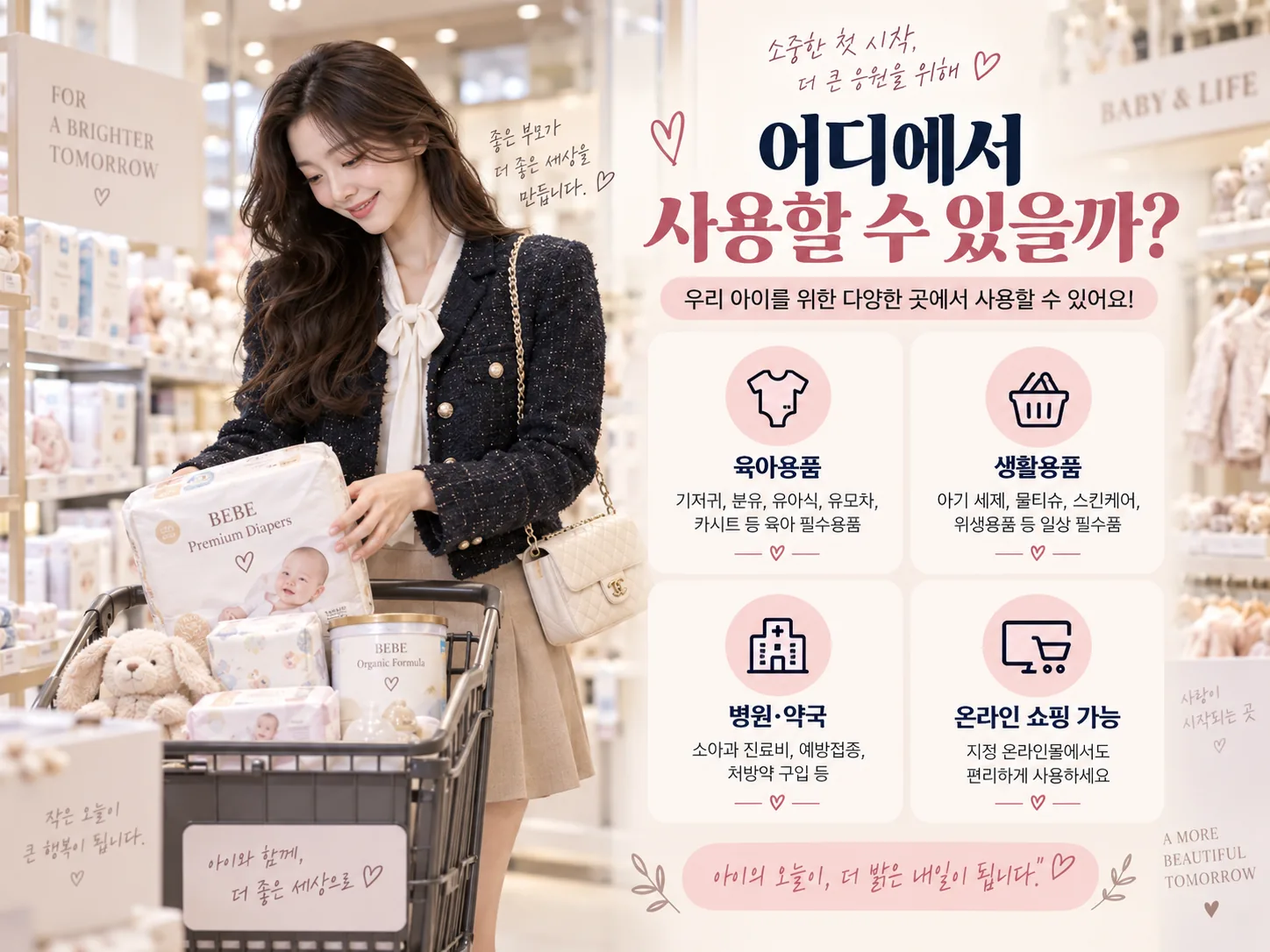 첫만남이용권으로 육아용품 생활용품 병원 약국 온라인 쇼핑을 이용하는 사용처 안내 이미지