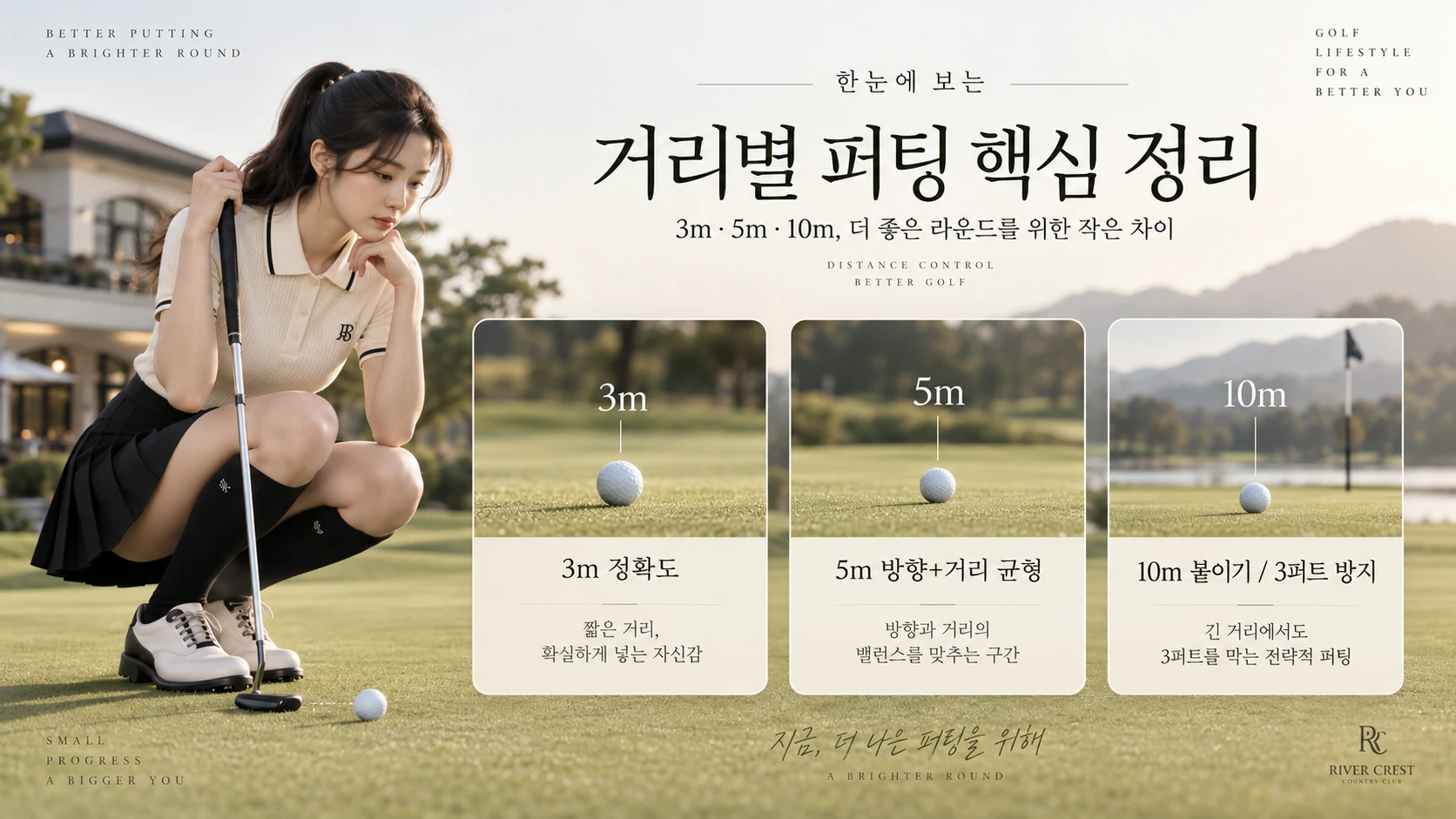 3m 5m 10m 거리별 퍼팅 연습 목표와 핵심 포인트 비교 이미지