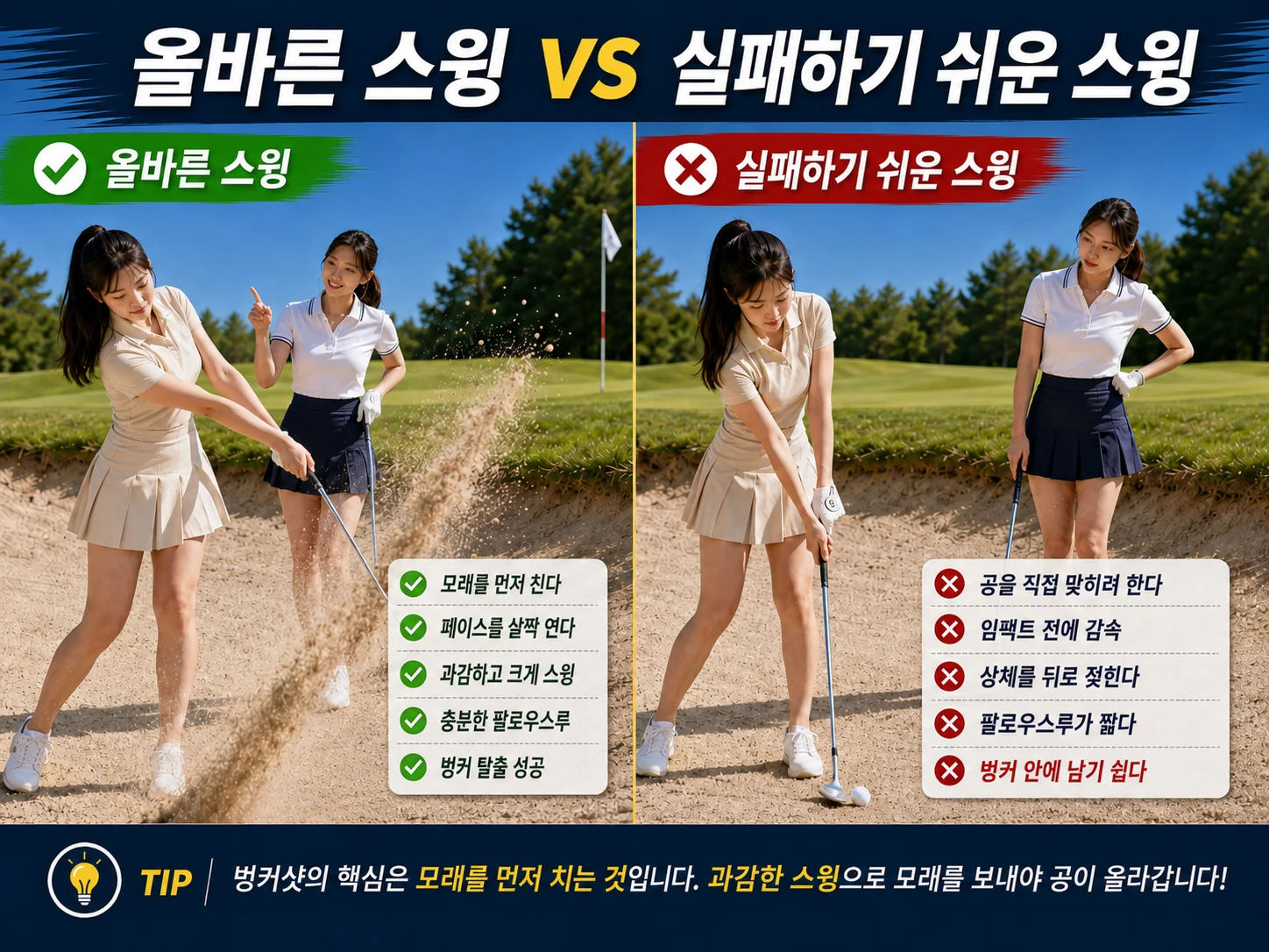 벙커샷 올바른 스윙과 실패하기 쉬운 스윙 비교
