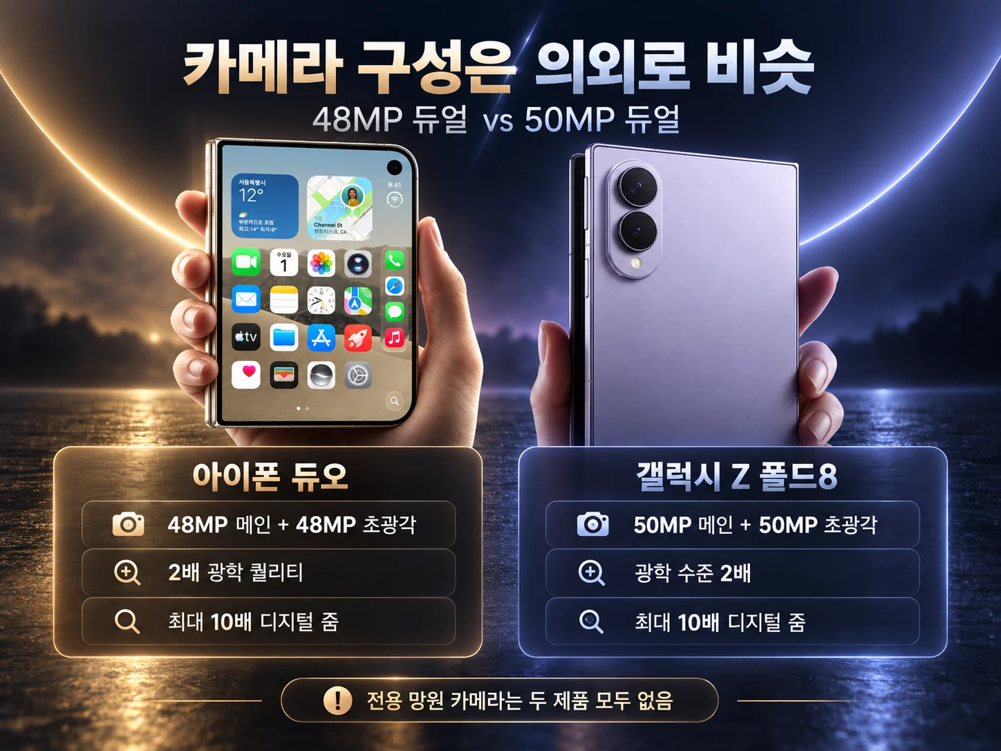 아이폰 듀오 48MP 듀얼 카메라와 갤럭시 Z 폴드8 50MP 듀얼 카메라 비교