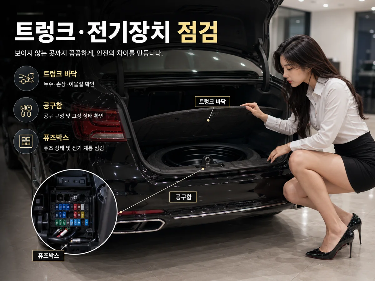 침수차 트렁크 바닥과 퓨즈박스 전기장치 점검