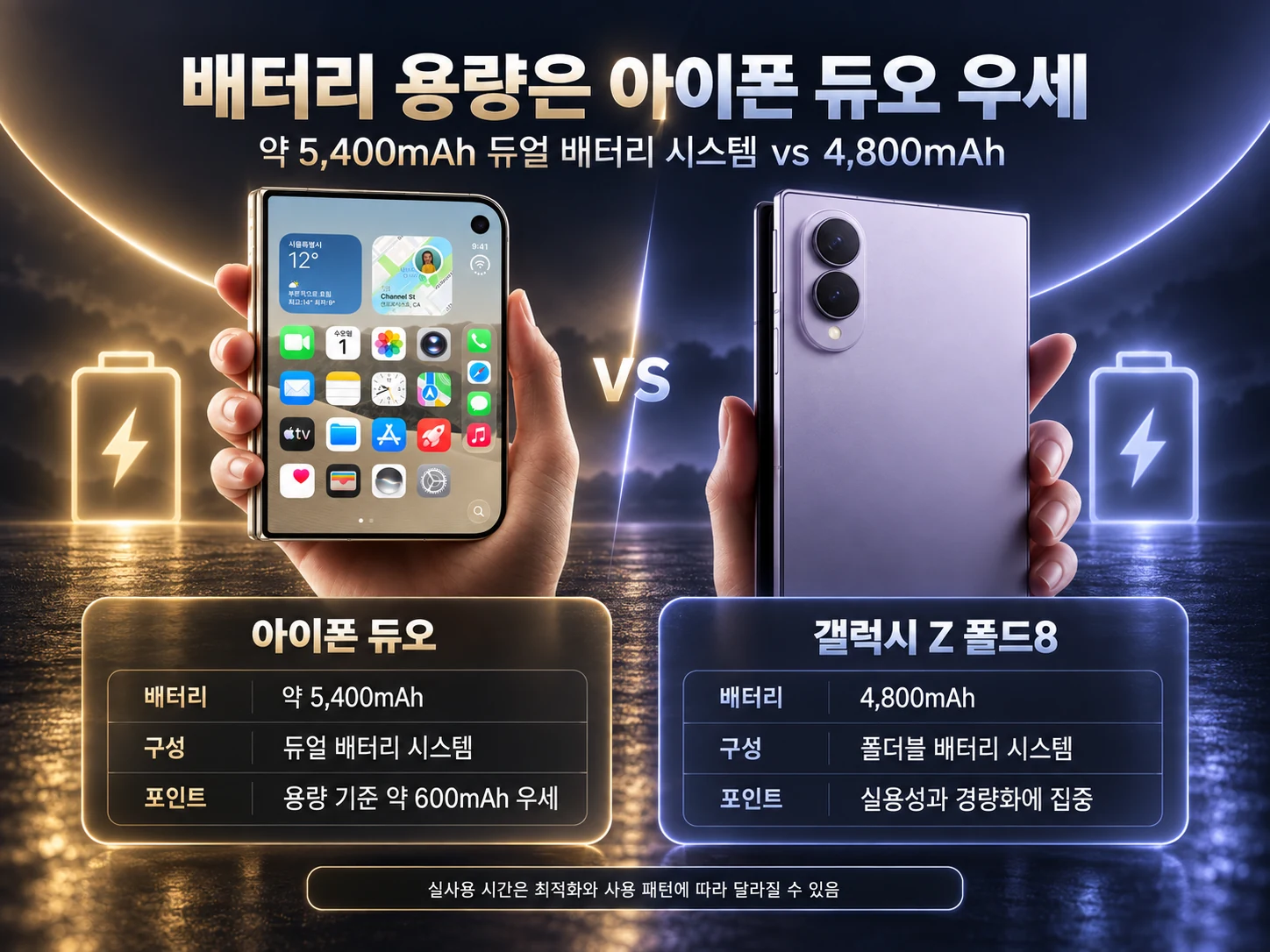 아이폰 듀오 약 5400mAh와 갤럭시 Z 폴드8 4800mAh 배터리 비교