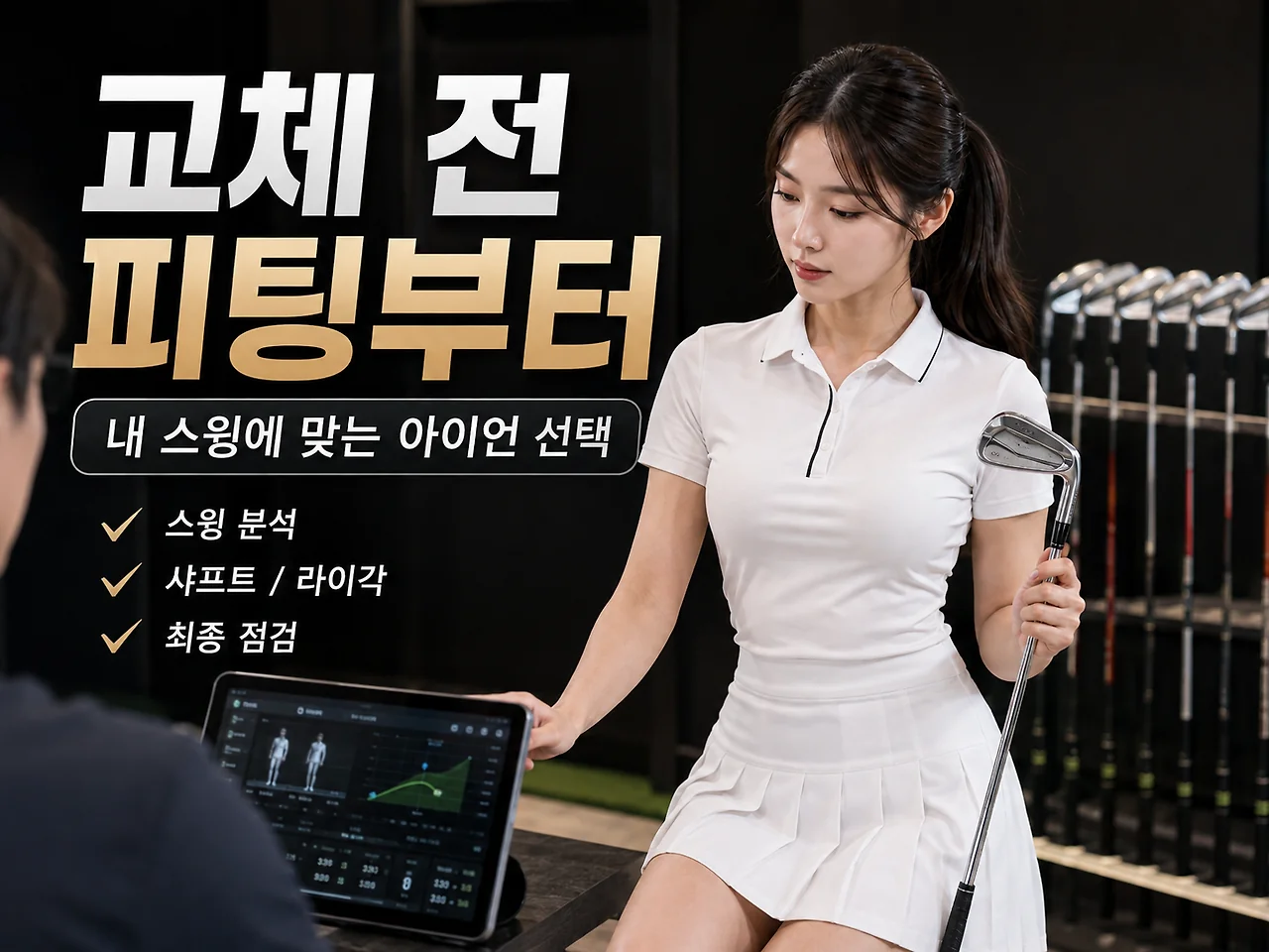 아이언 교체 전 스윙 분석과 샤프트 라이각을 확인하는 골프 클럽 피팅 이미지
