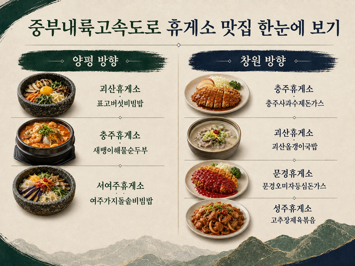 중부내륙고속도로 휴게소 맛집 양평 창원 방향 추천 메뉴 한눈에 보기