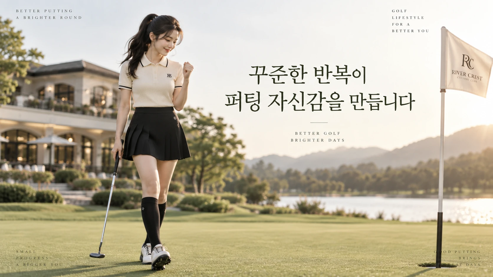 퍼팅 연습을 마친 뒤 자신감을 보이는 여성 골퍼와 퍼팅 거리감 향상 메시지