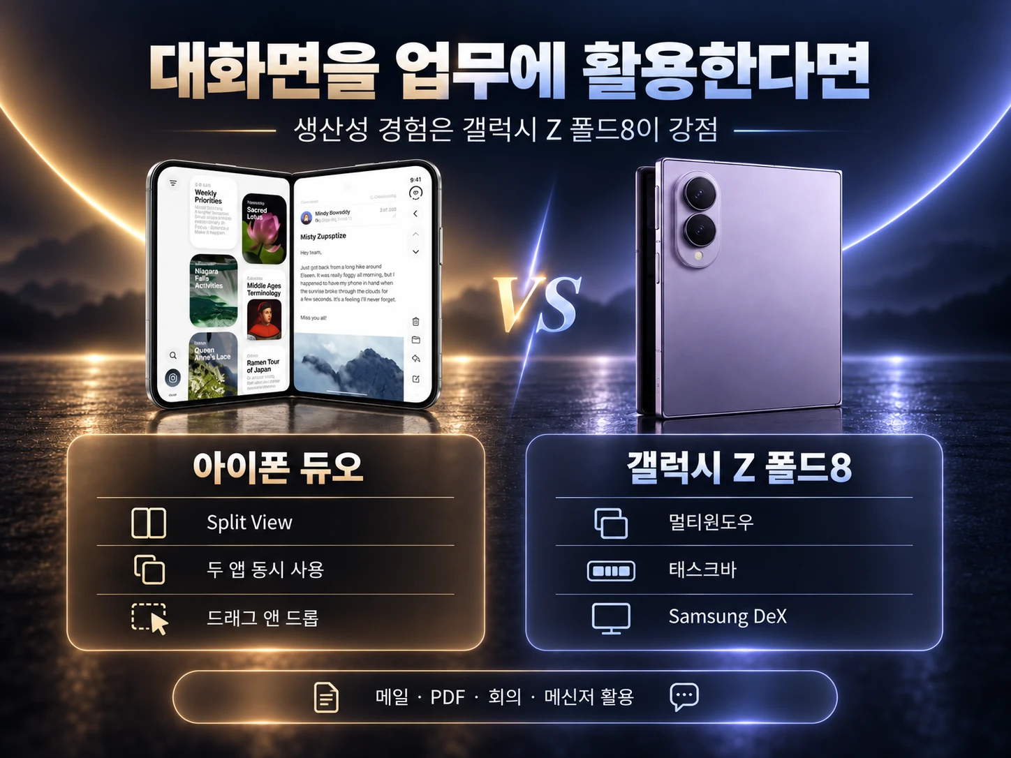 아이폰 듀오 Split View와 갤럭시 Z 폴드8 멀티윈도우 DeX 업무 활용 비교
