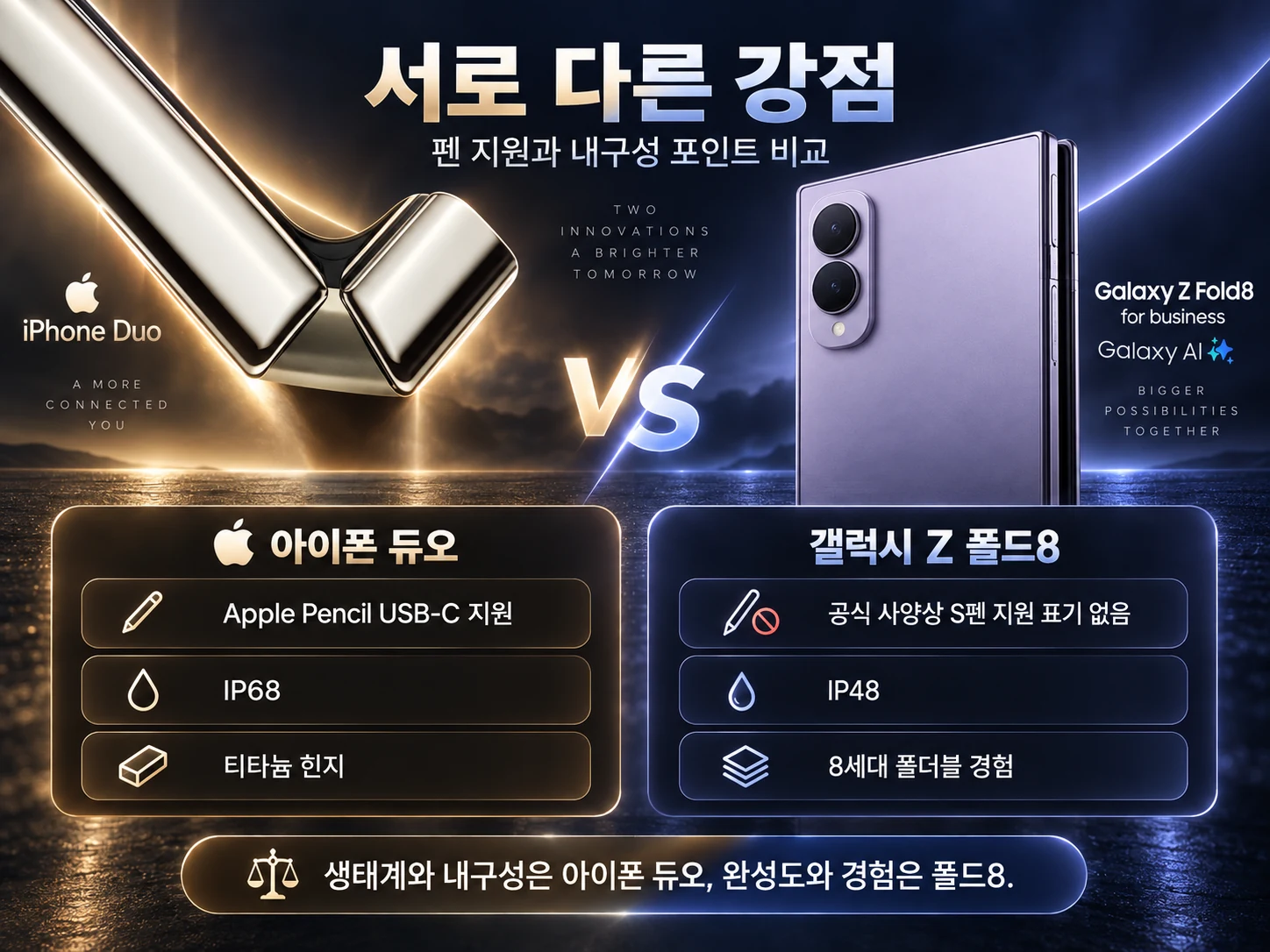 아이폰 듀오 Apple Pencil IP68과 갤럭시 Z 폴드8 내구성 기능 비교