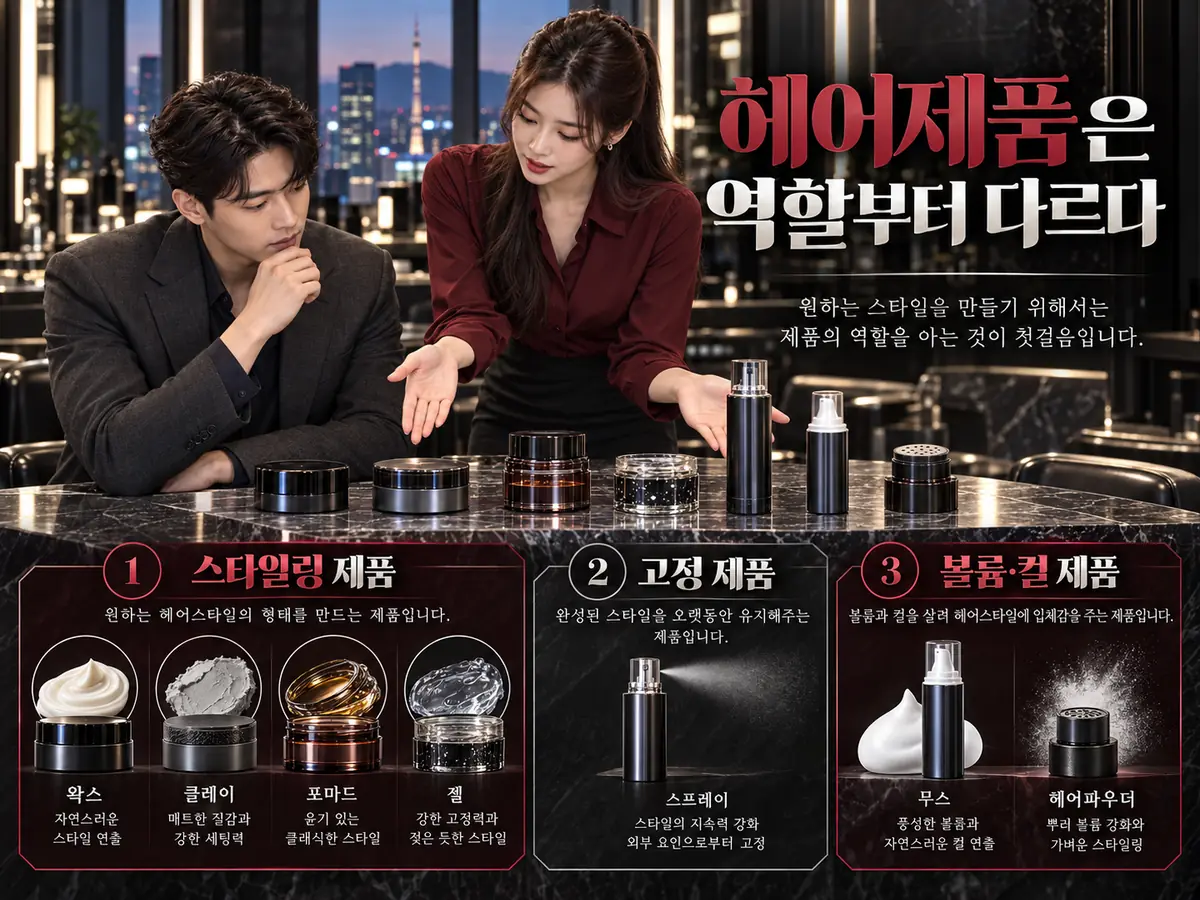 남자 헤어제품을 스타일링 고정 볼륨 용도로 구분한 비교