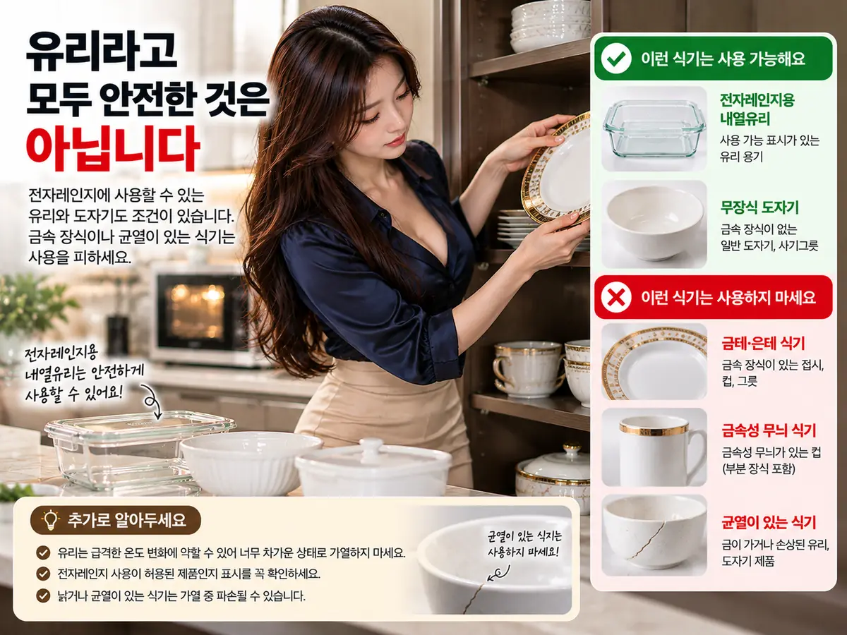 전자레인지용 내열유리와 금속 장식 도자기 비교